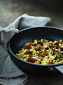 Fried sweetcorn with chanterelle mushrooms