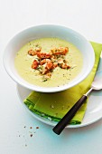 Cream of potato and sweetcorn soup with prawns