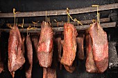 Cold smoked beef in a smoking chamber