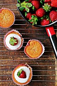 Käsekuchen-Cupcakes mit Zuckerguss und Erdbeeren