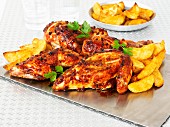 Sticky chicken with chips (England)