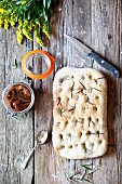 Focaccia with rosemary and dried tomatoes (seen from above)