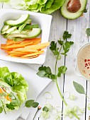 Zutaten für Salatröllchen mit Gemüsefüllung & Erdnussdiip