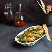 Bush beans with smoked tofu and rice noodles