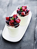 Lemon mousse with rhubarb and blueberries