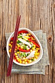 Chicken soup with sweetcorn, pasta and red pepper (Asia)