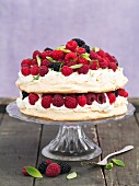 Pavlova with raspberries and blackberries