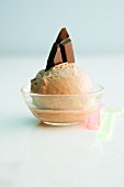 A scoop of chocolate ice cream in a bowl