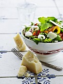 Blattsalat mit gegrillten Paprikastreifen, Mozzarella & Parmesan