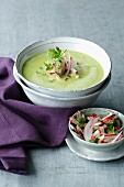 Cream of pea soup with wasabi and radishes