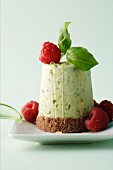 Basil ice cream cake with raspberries