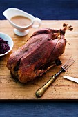 Stuffed roast goose with red cabbage