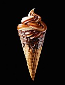 A chocolate and vanilla ice cream cone