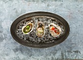 Oysters on ice in metal dish