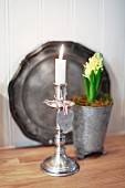 Lit candle in silver candlestick in front of potted hyacinth and pewter plate leaning against wall