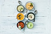 Six different vegetarian soups (seen from above)