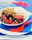 Plum and cranberry crumble with vanilla ice cream