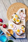 Slices of bread topped with chilli butter, radishes and duck egg