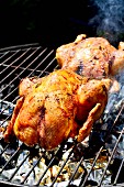 Two chickens on a smoking barbecue
