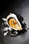 An oyster with ginger, miso and chilli on ice cubes
