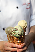 Three different ice cream cones