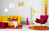 Snazzy seating area in yellow and violet - sofa and cube pouffes on brightly patterned rug with armchair, side table and standard lamp on round rug to one side