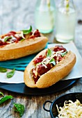 Baguette sandwiches with meatballs and cheese