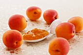 Apricots and a spoonful of jam on a shimmering waxed tablecloth