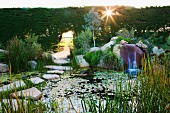 Pond with aquatic plants, large stone slabs and waterfall