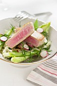 Tuna steak on a bed of salad with radishes and dill
