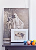 Hundebild vor schwarz-weißem künstlerischen Frauenportrait auf Ablage mit farbige Bälle