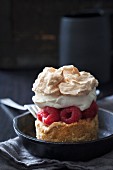 A mini raspberry cake topped with meringue