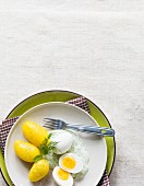 Gekochte Eier mit Kartoffeln & grüner Sauce (Aufsicht)