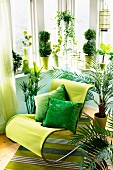 Moderner Schaukelstuhl mit grünem Bezug und Kissen in Grüntönen auf gestreiftem Teppichläufer, Zimmerpflanzen