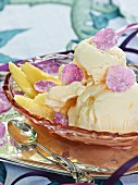 Lemon ice cream with candied rose petals