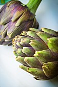 Two purple artichokes on a light surface