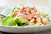 Crayfish with cocktail sauce on a bed of avocado and lettuce