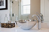 Close-up of stainless steel sink in the bathroom; Irvine; California; USA