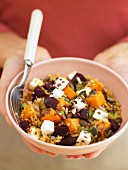 Bulgur salad with pumpkin, beetroot and feta cheese