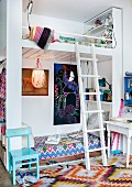 Bunk beds with ladder and rug with zigzag pattern in children's bedroom