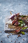 Garlic, coriander seeds, kaffir lime leaves and fennel seeds