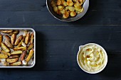 Roast potatoes, fried potatoes and mashed potatoes