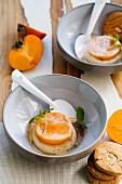 Coconut and persimmon flan with caramel sauce