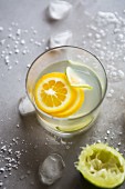 Ein Glas erfrischendes Zitruswasser mit Früchtescheiben