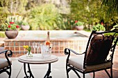 Flutes, vase and wine bottle in ice bucket on outdoor table against blurred plants