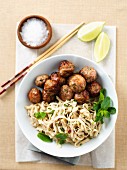 Curried meatballs with coriander pasta