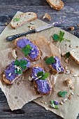 Crispy bruschetta with red cabbage cream and sunflower seeds