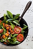 Veganer Salat mit Basilikum, Rucola, Karottenchips, Nüssen und Samen