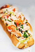 A slice of baguette topped with lobster and chives