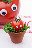 A tomato with a face on a bed of leaves in a mini flowerpot